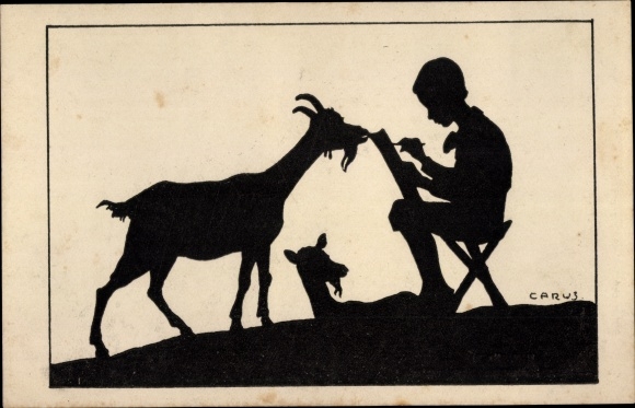 Paper cut Postcard Carus, boy on a stool, goats