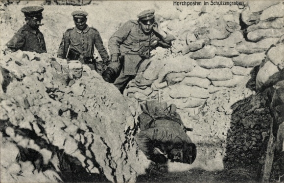 Postcard listening post in the trench, German soldiers, WWI