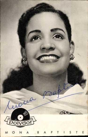 Postcard singer and actress Mona Baptiste, portrait, Polydor records, autograph