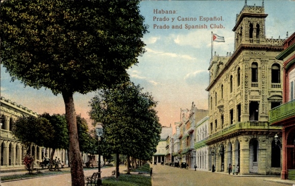 Postcard Havana Habana Cuba, Prado y Casino Español, Prado and Spanish Club, trees, street