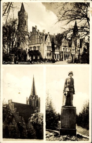 Postcard Cartlow Kartlow Kruckow Demmin district in Western Pomerania, war memorial, church, town hall