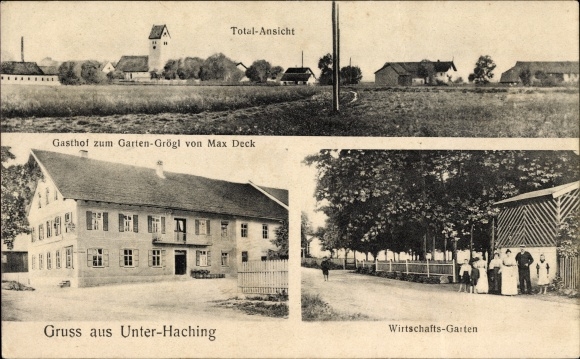 Ak Unterhaching in Opper-Beieren, Gasthof zum Garten Grögl, eigenaar Max Deck, economische tuin, afstandsschot