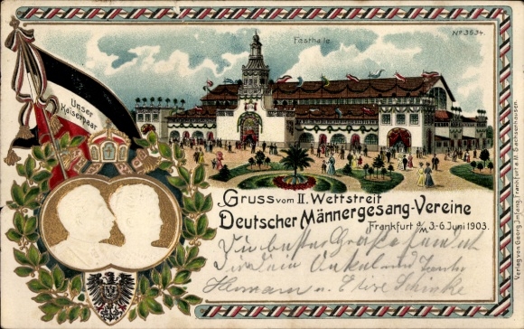 Embossed Passepartout Chromo-Litho Frankfurt am Main, II. Competition German Men's Choirs 1903, Imperial Couple