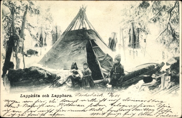 Postcard Lapland, children in traditional costumes, tent