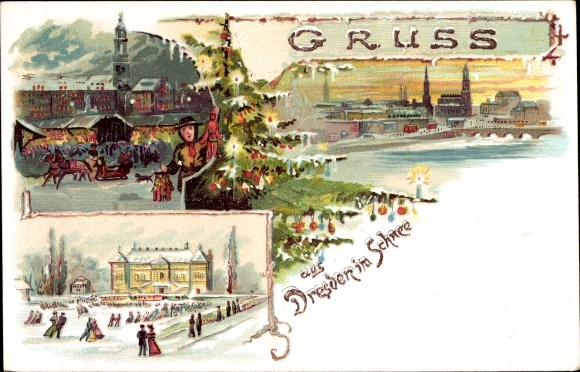 Chromo-Litho Dresden center, Christmas market, ice rink, Christmas tree
