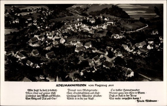 PC Adelmannsfelden in Württemberg, aerial photograph, poem