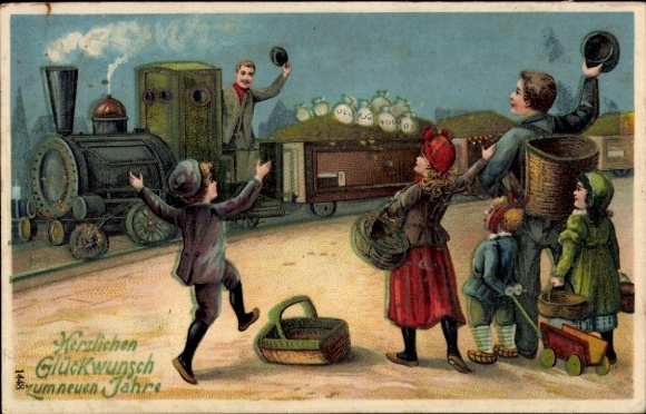 Ak Glückwunsch Neujahr, Eisenbahn, Geldsäcke, Kinder