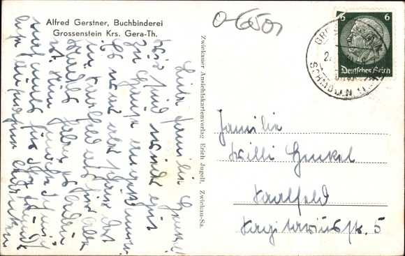 Postcard Grossenstein in Thuringia, windmill, memorial, bookbindery Alfred Gerstner, total view
