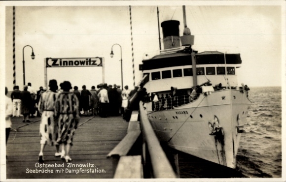 Postcard Ostseebad Zinnowitz on Usedom, pier with steamer station, steamer Rugard