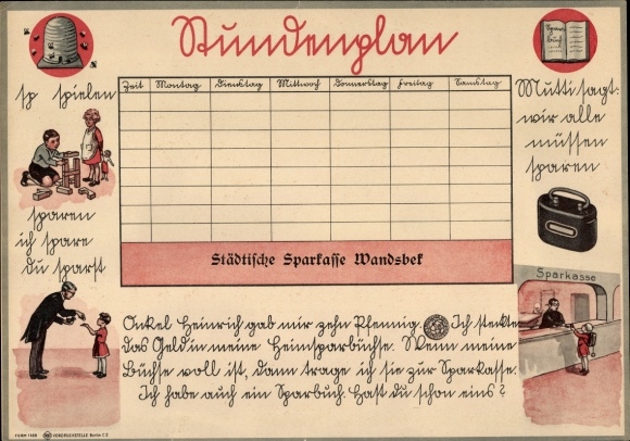 Timetable Städtische Sparkasse Wandsbek, Hamburg, children save, money box around 1920