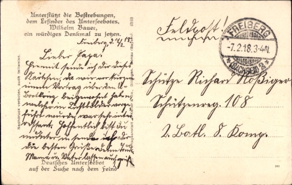 Postcard Wilhelm Bauer, inventor of submarine navigation, submarine