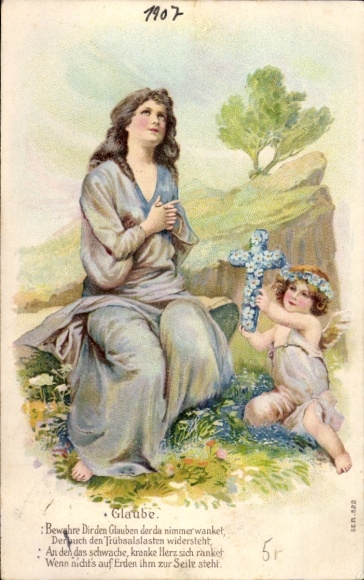Postcard Dresden Bühlau, angel with cross woman in blue dress