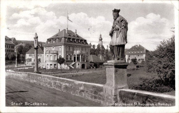 Postcard Bad Brückenau in Sinntal Lower Franconia, Sinnbrücke, St Nepomuk, town hall