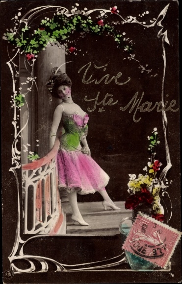 Passepartout Postcard woman in dress, portrait, flower vase, Vive Sainte Marie
