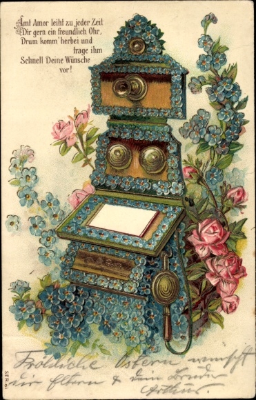 Embossed Chromo-Litho phone from forget-me-not, roses