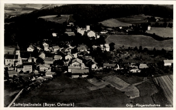 Postcard Sattelpeilnstein Traitsching in the Bavarian Forest, aerial photograph, Castle Brewery