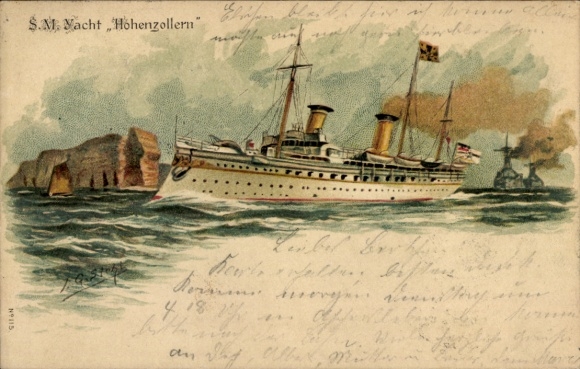 Kunstenaar in reliëf litho Siehl, JG, keizerlijk jacht SMY Hohenzollern bij Helgoland