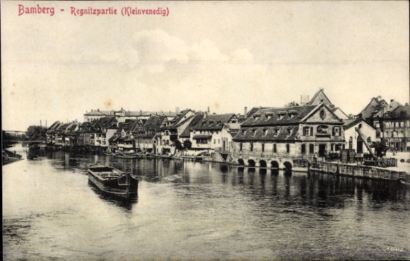 Ak Bamberg in Oberfranken,  Regnitzpartie, Kleinvenedig, Fluss, Boote, Häuser