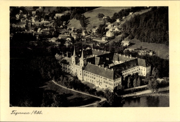 Postcard Tegernsee in Upper Bavaria, aerial view of the monastery, mountains, quiet surroundings