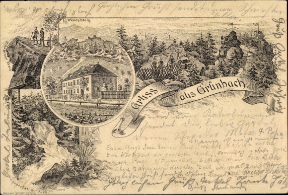 Litho Grünbach im Vogtland Sachsen, Wendelstein, Gasthof, Wasserfall am Riss