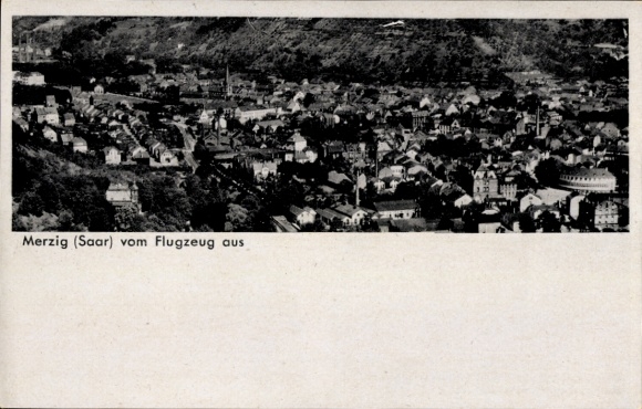 Postcard Merzig on the Saar, panoramic photo from airplane, black and white
