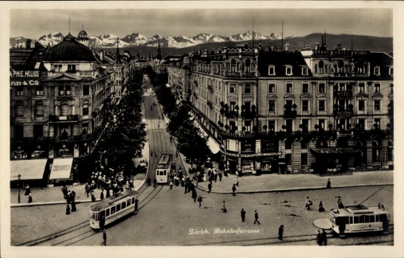 Postcard Zurich City Switzerland, Bahnhofstrasse, trams