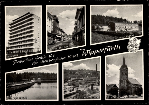 Ak Wipperfürth Oberbergischer Kreis, wapen, hoogbouw, Untere Straße, jeugdherberg, kerk