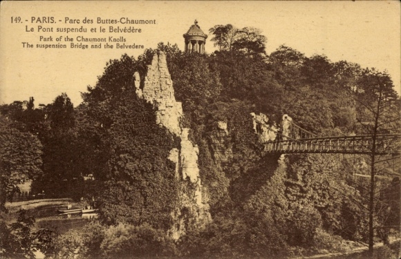 Ak Paris XIX Buttes Chaumont, Parc des Buttes-Chaumont, hangbrug, Belvédère