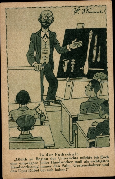Artist Postcard In the technical school, craftsmen, advertising Sabo rock drill, Upat dowel