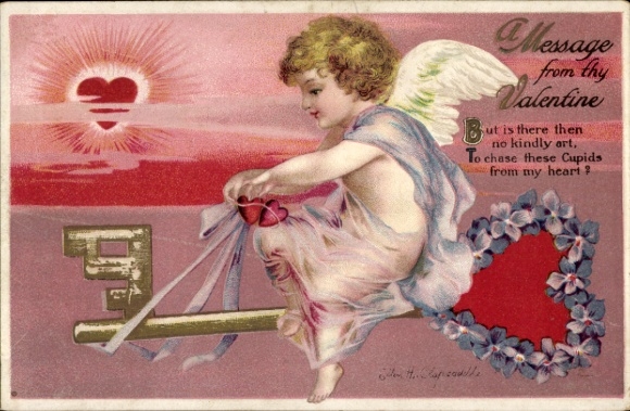 Embossed PC Congratulations Valentine's Day, Love Angel, Key, Heart, Flowers