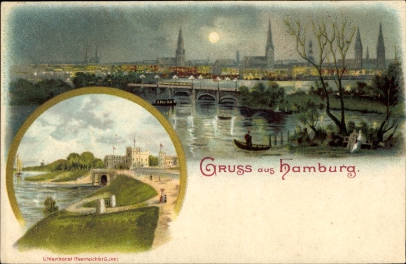 Moonlight Chromo-Litho Hamburg, Panorama, Feenteichbrücke Uhlenhorst