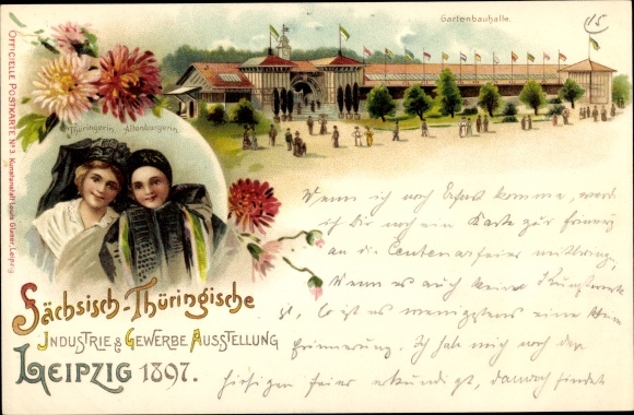litho Leipzig, Saksische Thüringer industrie- en handelstentoonstelling 1897, vrouwen in klederdracht