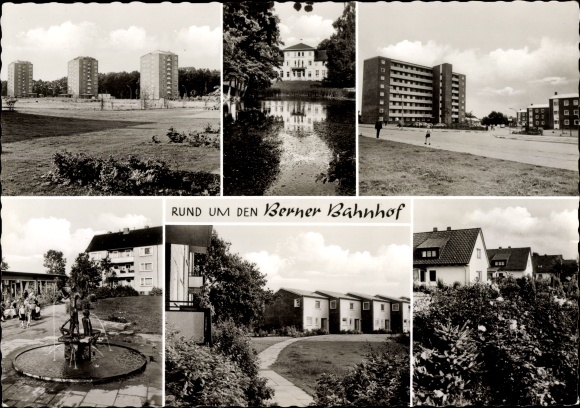 Ansichtkaart Hamburg Wandsbek Farmsen Bern, nederzetting, rond het treinstation van Bern, fontein
