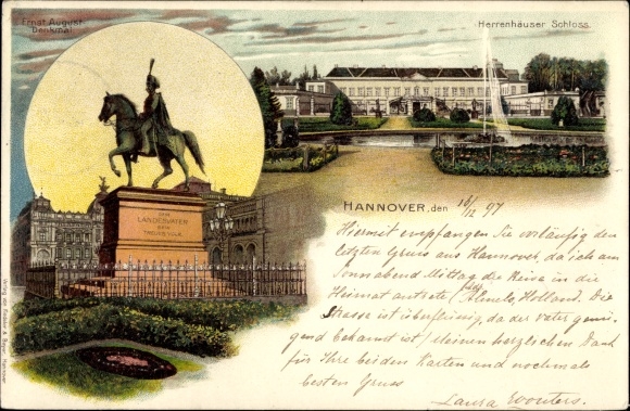 Chromo-Litho Hanover in Lower Saxony, Herrenhausen Palace, Ernst August Monument