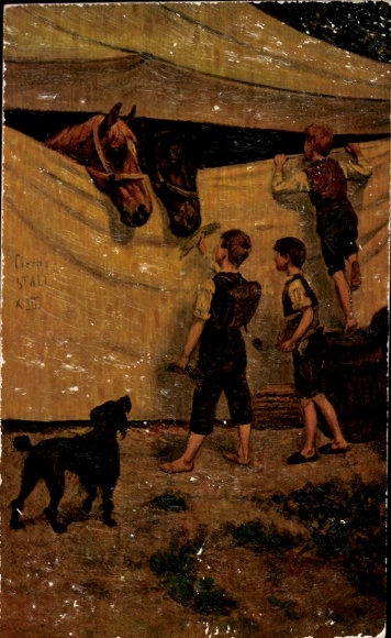 Postcard Children feed horses, dog, bridle, circus
