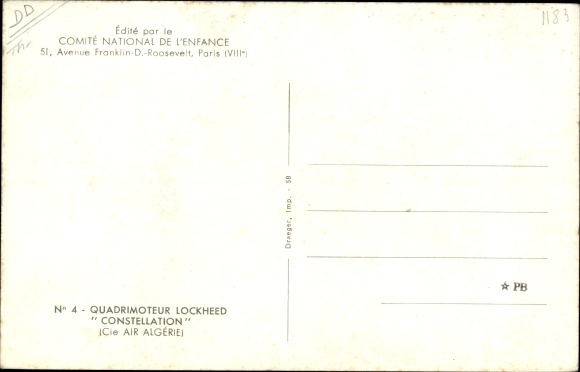 Postcard National Committee for Children, Four-engine Lockheed, Constellation, Air Algérie