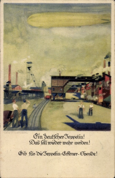 Artist Postcard Amtsberg, Otto, A German Zeppelin, Eckener donation, airship, industrial facilities