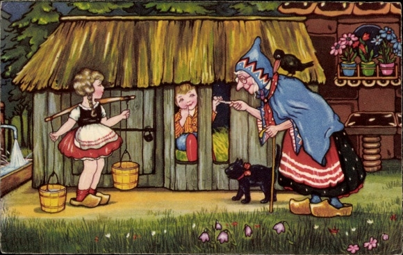 Kunstenaarskaart Boriss, M., Hans en Grietje, Hans en Grietje, heks, kat