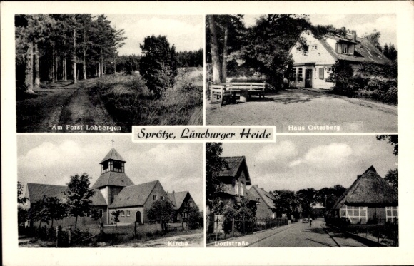 Ak Sprötze Buchholz in de Nordheide, Lohbergenbos, Osterberghuis, kerk, dorpsstraat