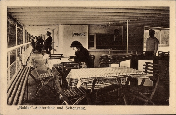 Postcard cabin steamer Baldur, aft deck, side aisle