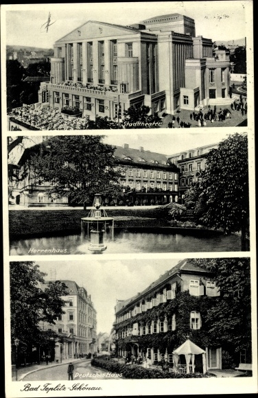 Ak Teplice Šanov Teplitz Schönau Aussig Region, stadstheater, landhuis, Duits huis