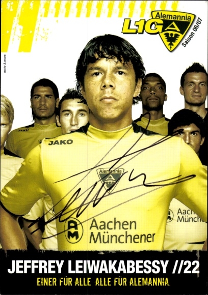 Handtekeningkaart voetballer Jeffrey Leiwakabessy, Alemannia Aachen, handtekening