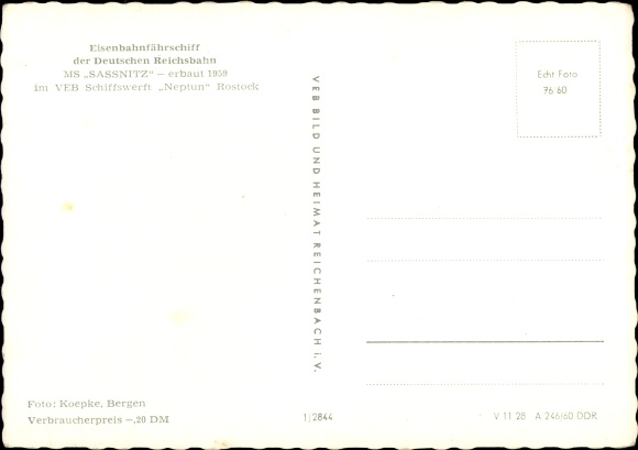 Prom kolejowy KP Deutsche Reichsbahn, MS Sassnitz, VEB Werft Neptun w Rostocku