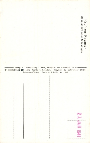 Postcard Magolsheim Münsingen in Württemberg, aerial photograph, Kirsamer department store