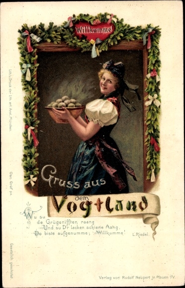 Postcard costume from the Vogtland, Willkumme, woman with dumplings