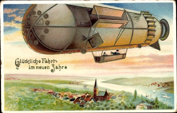 Litho Glückwunsch Neujahr, Luftschiff