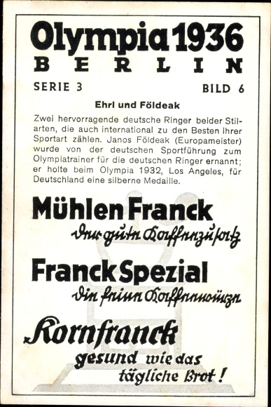 Collection picture Olympia 1936, Ehrl and Földeak, wrestling, mills Franck coffee additive