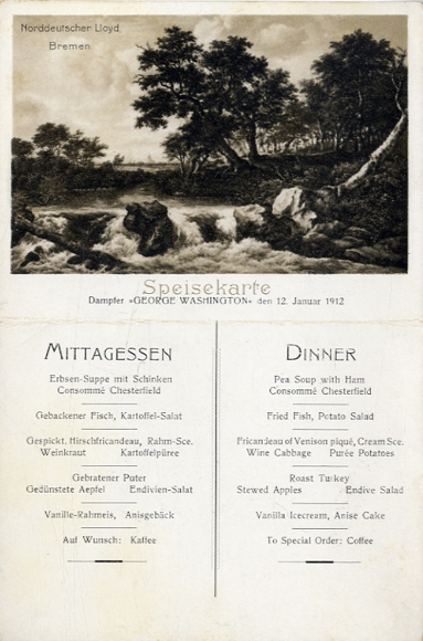 Menu card, steamer George Washington, January 12, 1912, luncheon