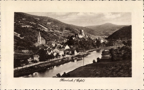 Postcard Heimbach in the Eifel, landscape with river, old buildings, hills, church tower