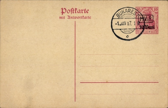 Postzegel Boekarest 1 juni 1917, MV i. R. Militair Bestuur in Roemenië, 10 Bani